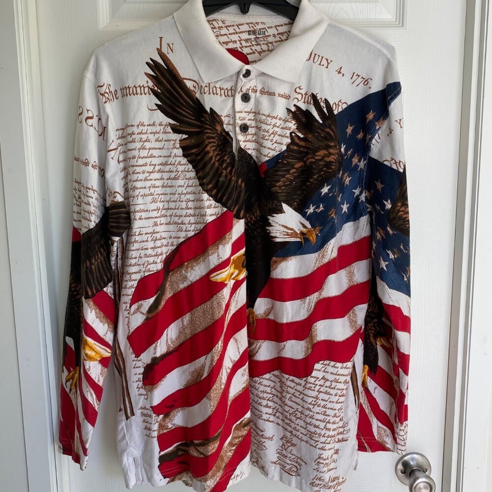 Vintage Patriotic Long-Sleeve Shirt With Bald Eagle & American Flag Print
